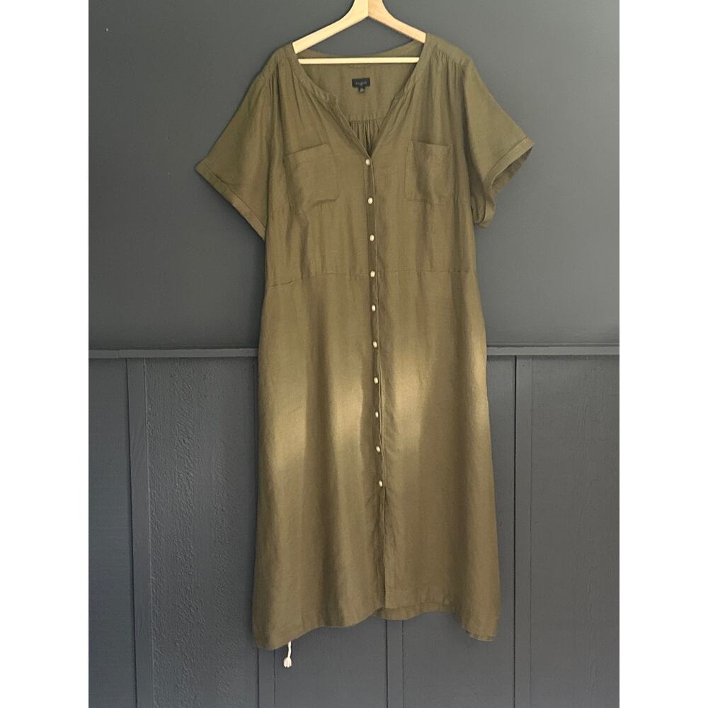 Talbots 100% Linen Olive Green Button Front Midi Shirtdress Waist Tie Size 22W - Picture 3 of 11